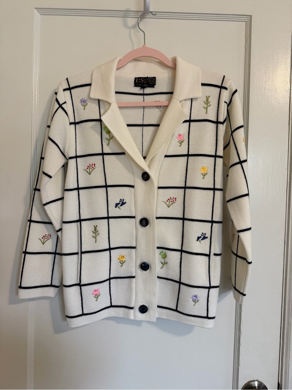 Vintage LeSah Petites Windowpane embroidered Flower Sweater Size small